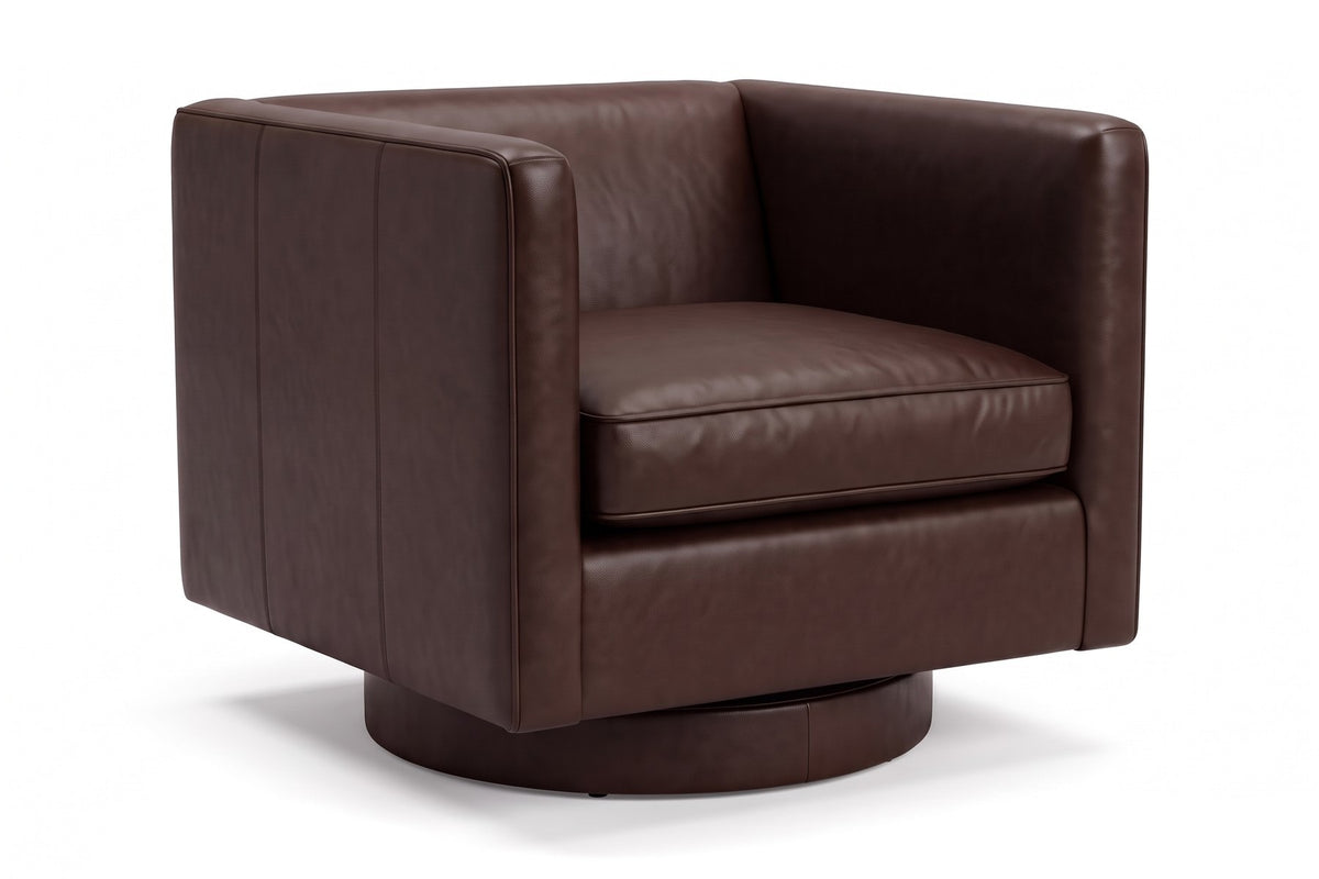 Sarlat Leather Swivel Club Chair in Chocolate, three-quarter view on white
