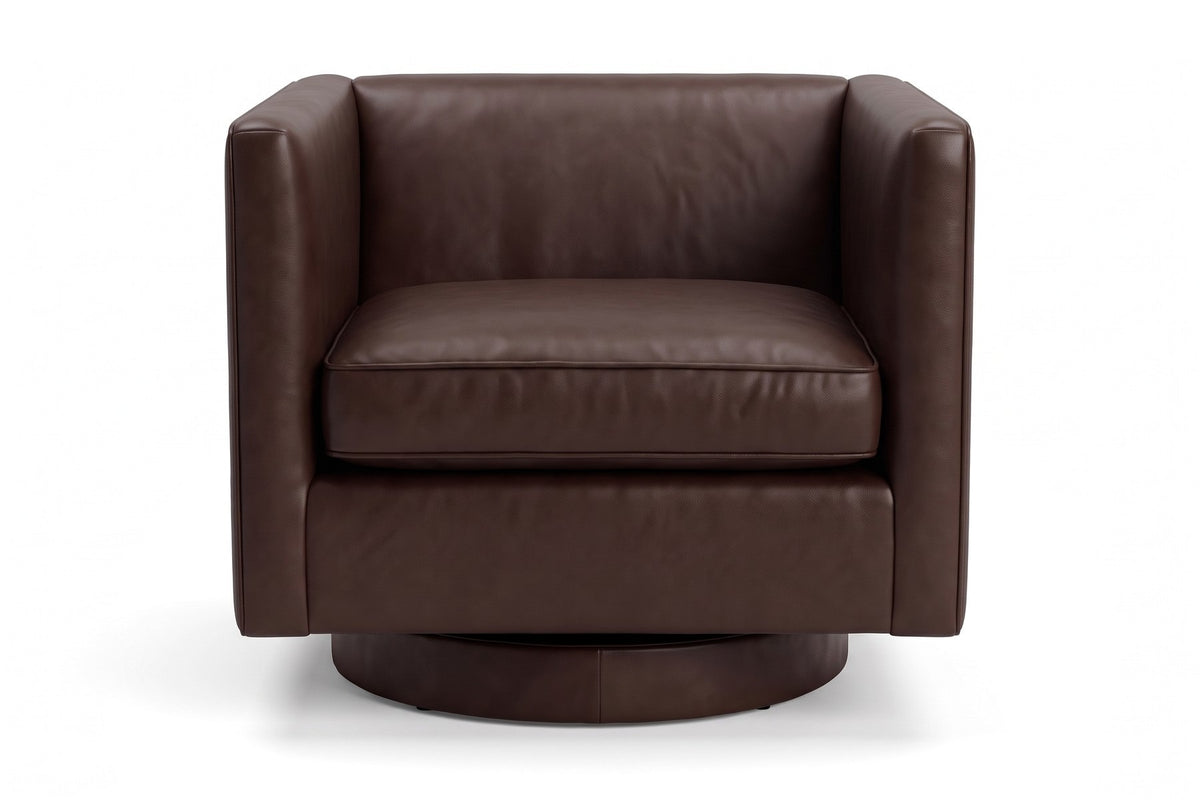 Sarlat Leather Swivel Club Chair – Tuxedo Arms, Floating Plinth Base, 360° Swivel