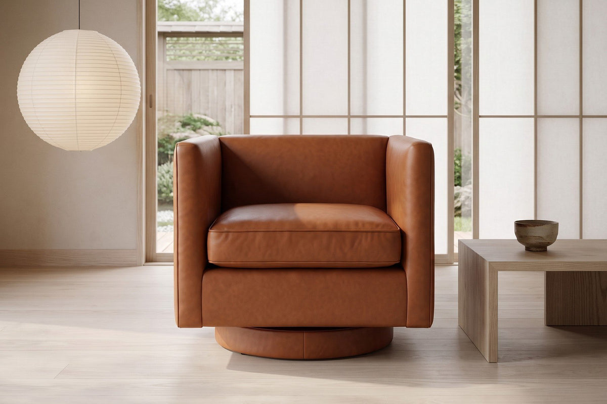 Sarlat Leather Swivel Club Chair – Tuxedo Arms, Floating Plinth Base, 360° Swivel