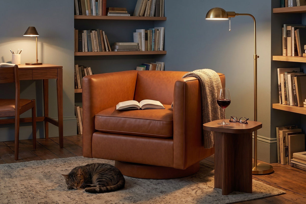Sarlat Leather Swivel Club Chair – Tuxedo Arms, Floating Plinth Base, 360° Swivel