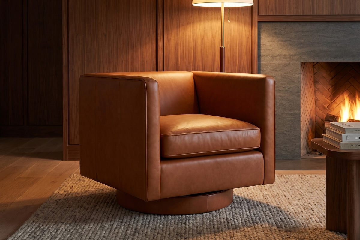 Sarlat Cognac Leather Swivel Club Chair styled in a room