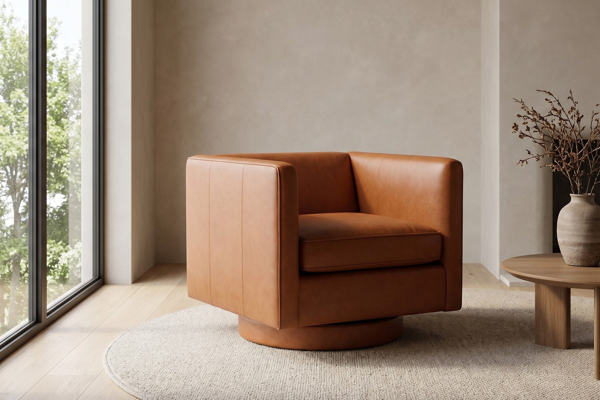 Sarlat Cognac Leather Swivel Club Chair in a room setting