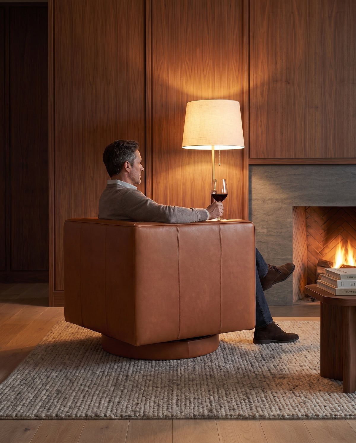 Sarlat Cognac Leather Swivel Club Chair in everyday use at home