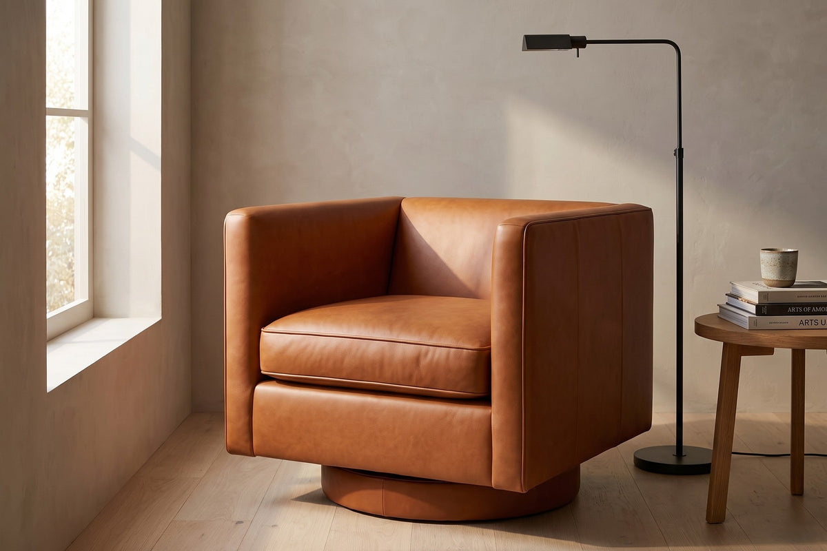 Sarlat Cognac Leather Swivel Club Chair in a living space