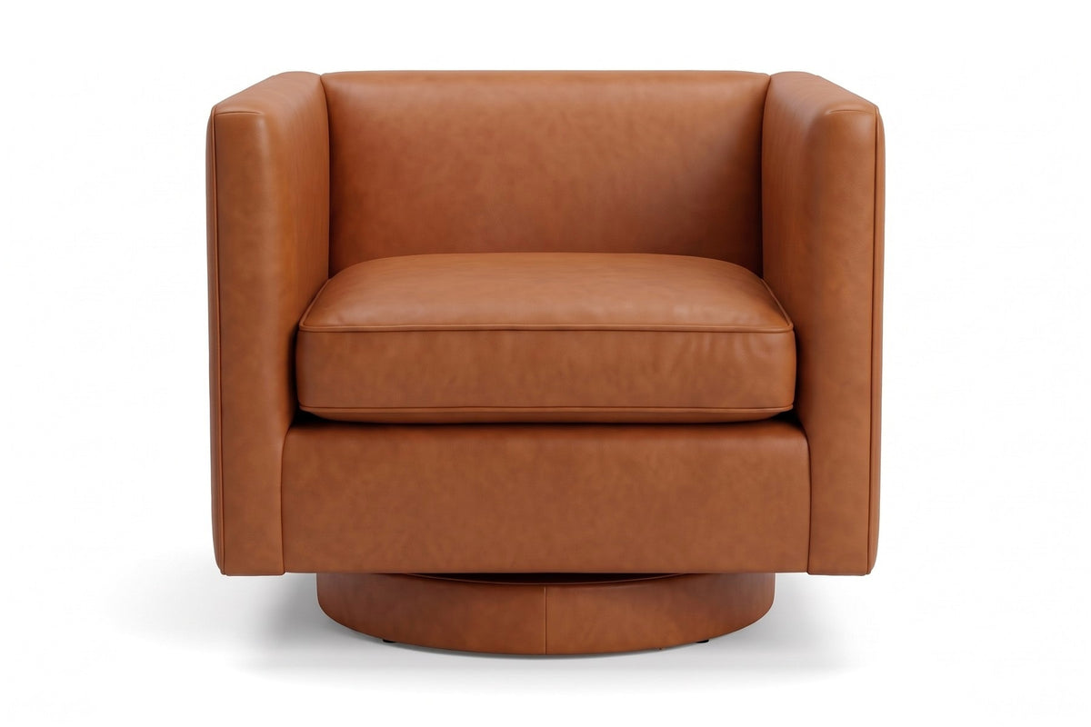 Sarlat Leather Swivel Club Chair – Tuxedo Arms, Floating Plinth Base, 360° Swivel