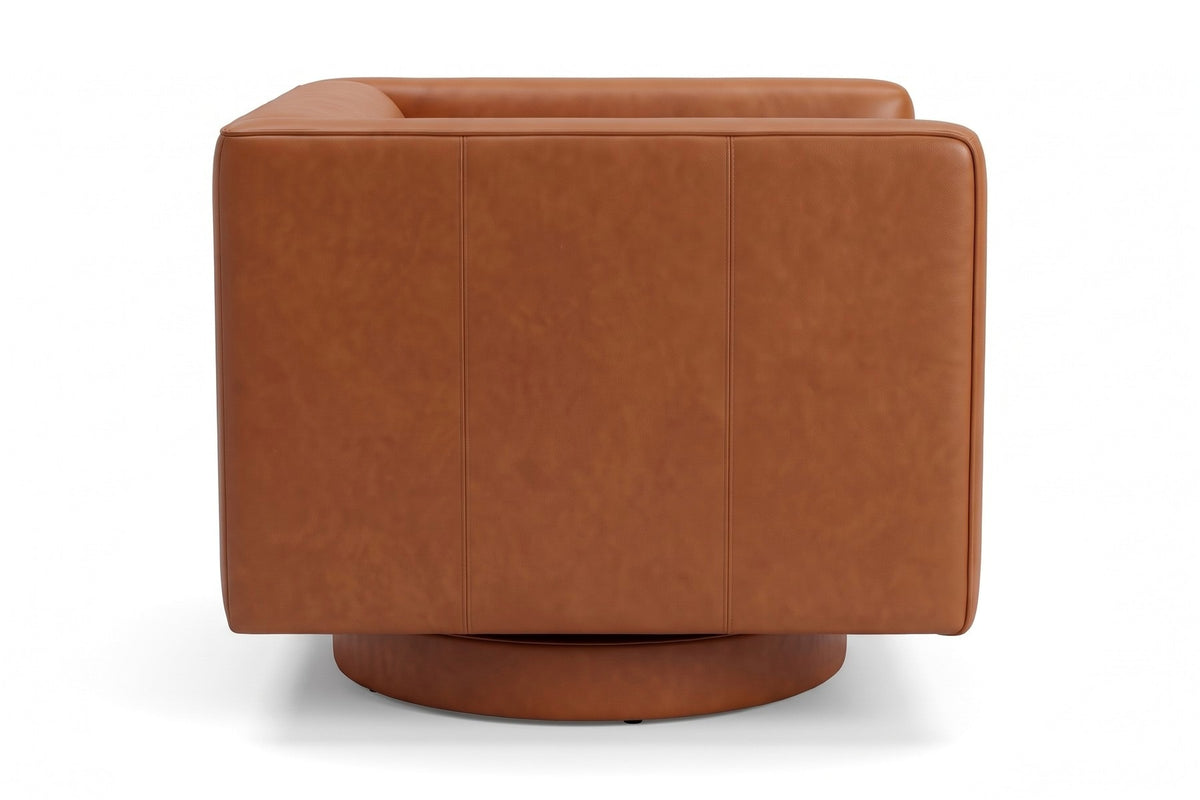 Sarlat Cognac Leather Swivel Club Chair, straight side view from the right at seat height, showing the level top line and the plinth set back underneath