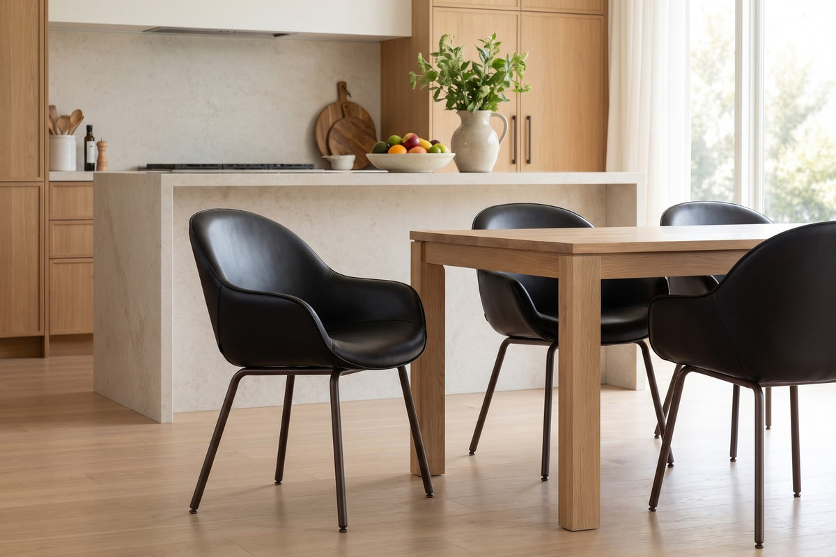 Saumur Leather Dining Chair – Curved Shell, Slim Bronze Steel Legs, Set of 2