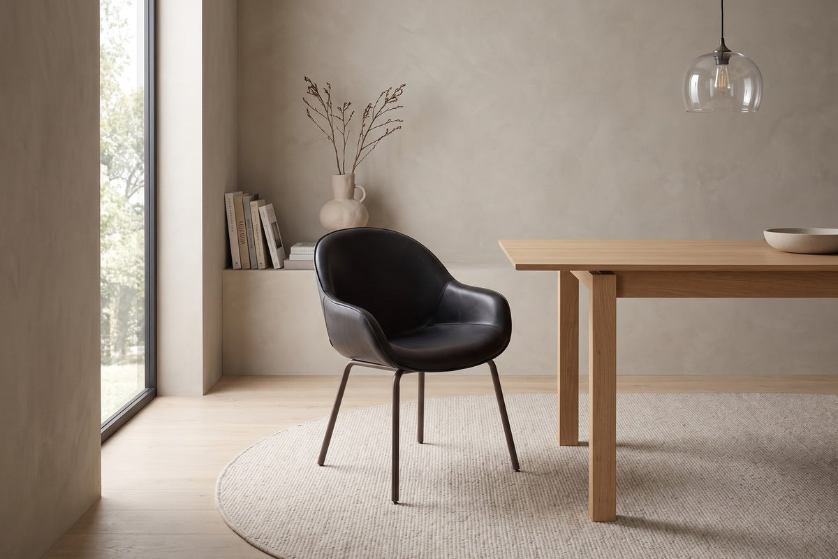 Saumur Leather Dining Chair – Curved Shell, Slim Bronze Steel Legs, Set of 2