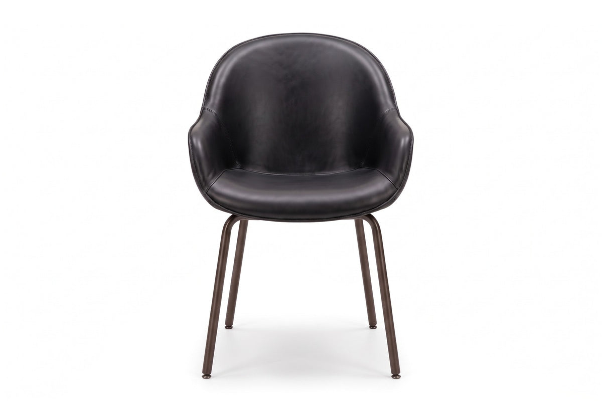 Saumur Leather Dining Chair – Curved Shell, Slim Bronze Steel Legs, Set of 2