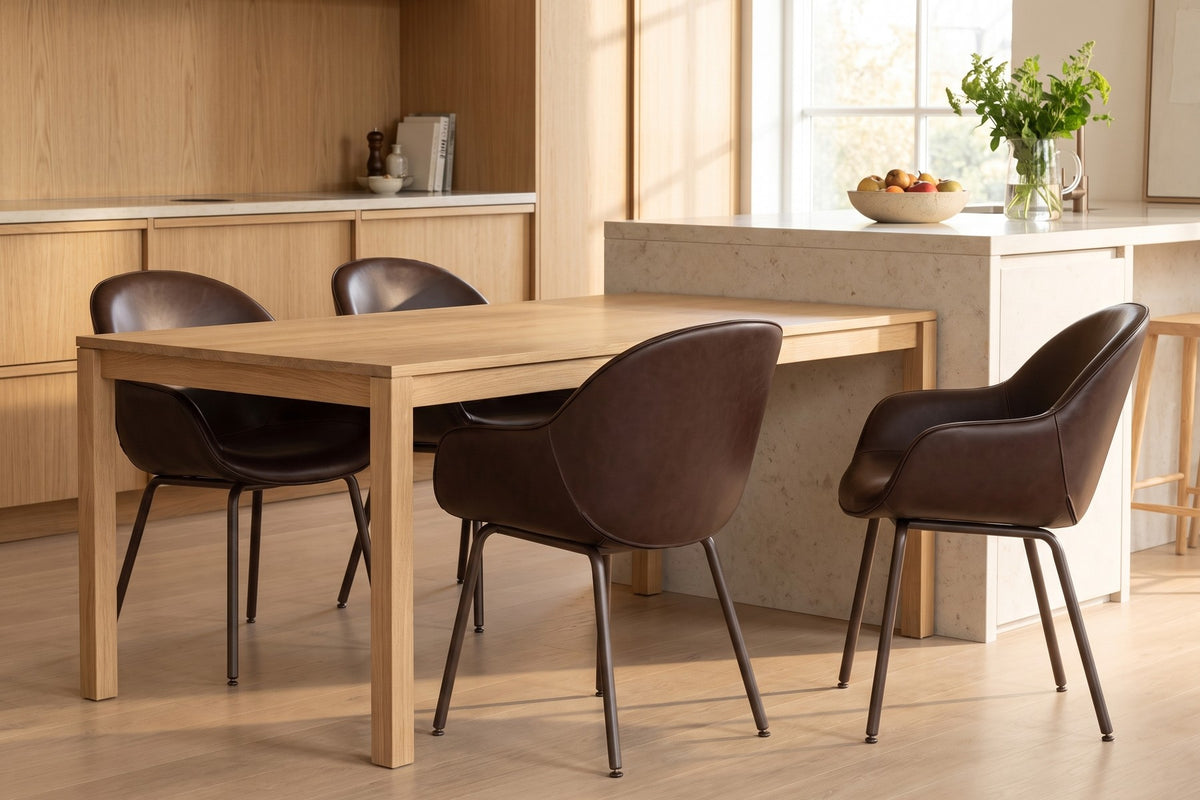 Saumur Leather Dining Chair – Curved Shell, Slim Bronze Steel Legs, Set of 2