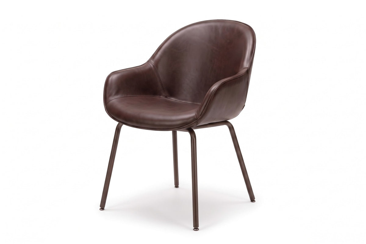 Saumur Leather Shell Dining Chair in Chocolate, three-quarter view on white