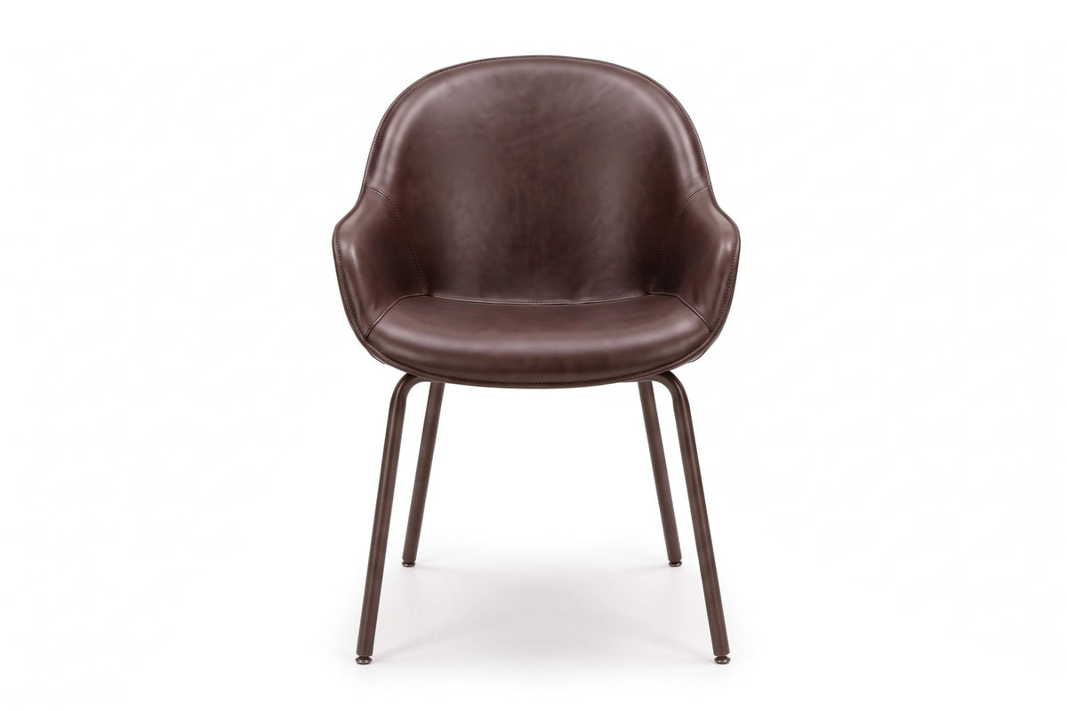 Saumur Leather Dining Chair – Curved Shell, Slim Bronze Steel Legs, Set of 2