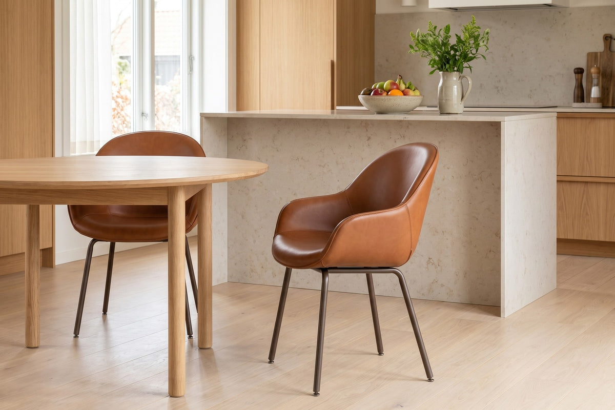 Saumur Leather Dining Chair – Curved Shell, Slim Bronze Steel Legs, Set of 2