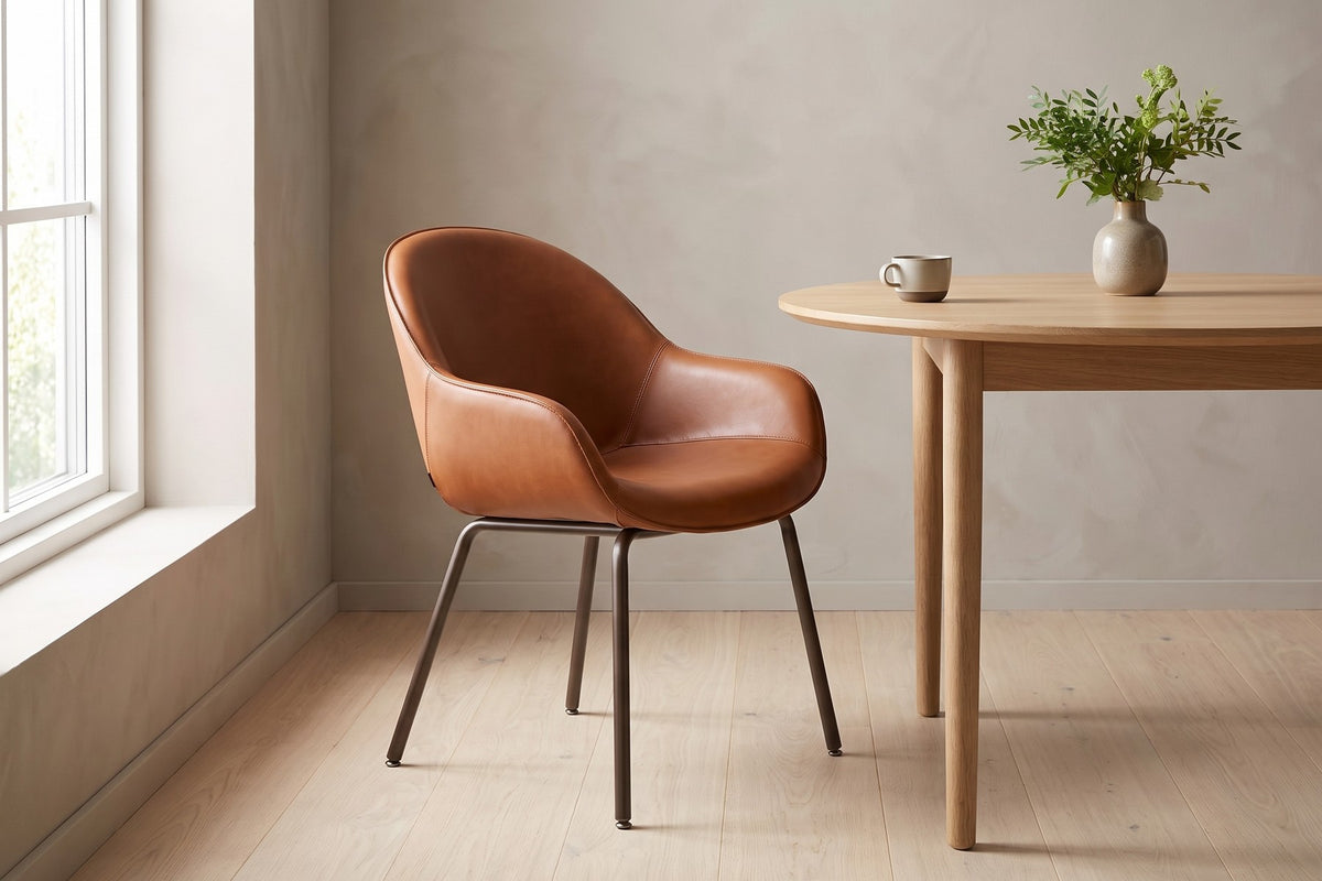 Saumur Leather Dining Chair – Curved Shell, Slim Bronze Steel Legs, Set of 2