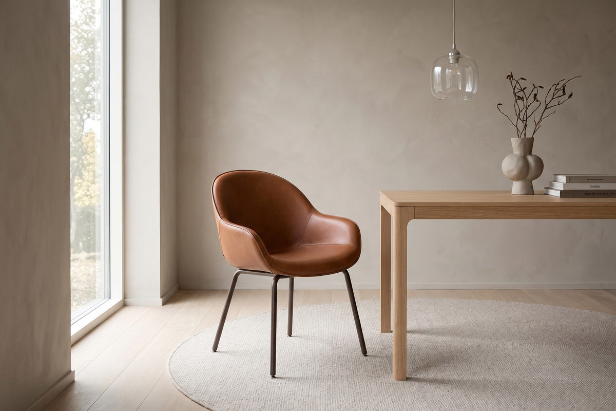 Saumur Leather Dining Chair – Curved Shell, Slim Bronze Steel Legs, Set of 2