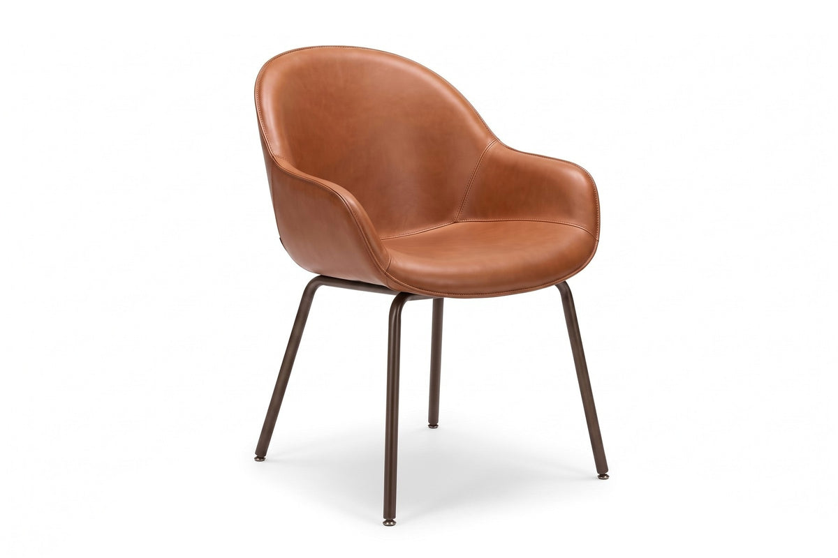 Saumur Leather Dining Chair – Curved Shell, Slim Bronze Steel Legs, Set of 2