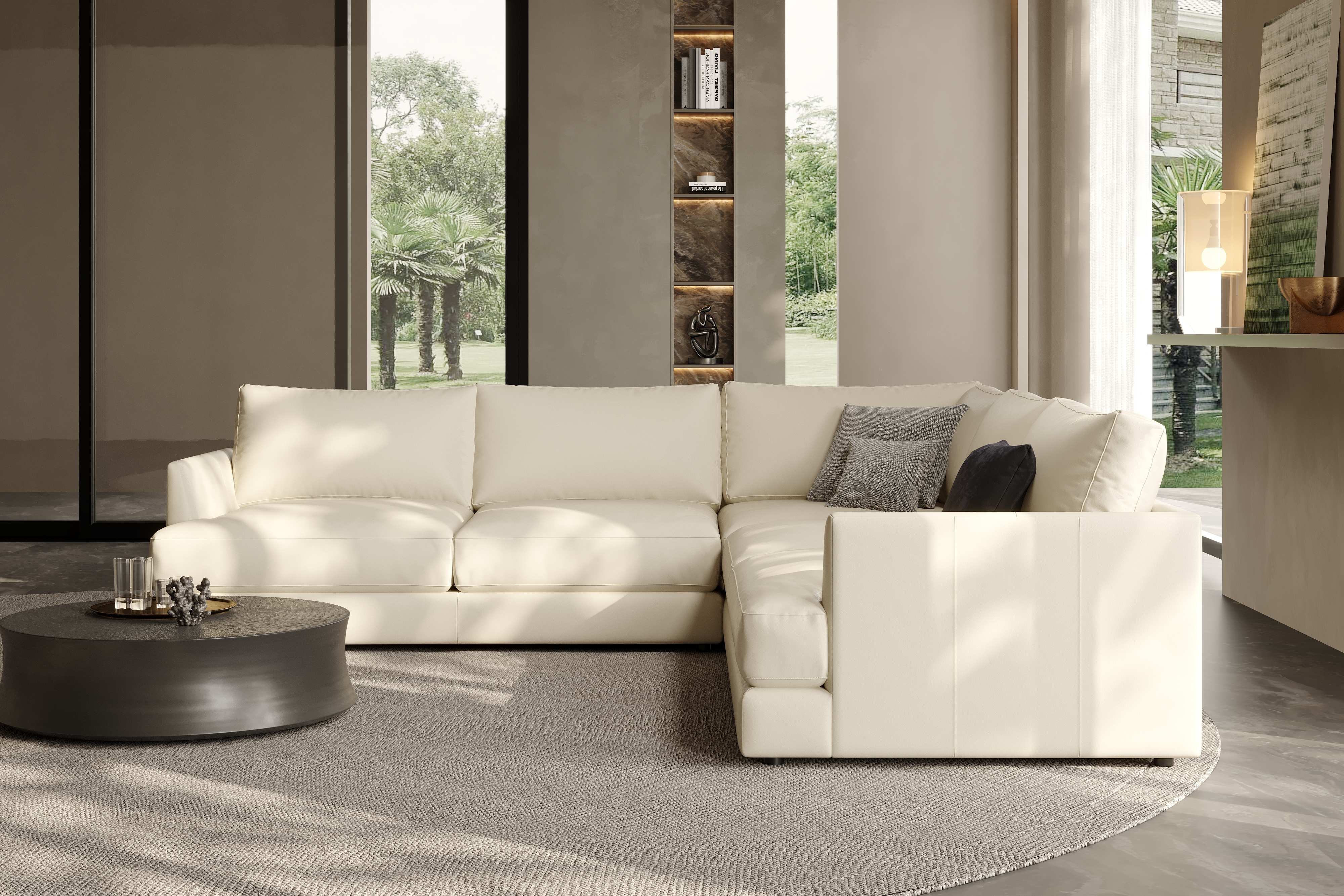 Vidal Leather L-Shape Corner Sofa Beige 02