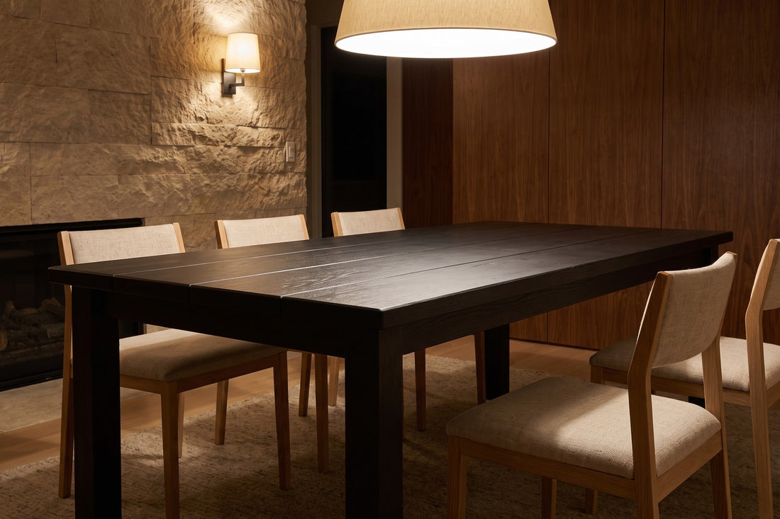 Sète Plank Dining Table in Black Oak, in a room setting