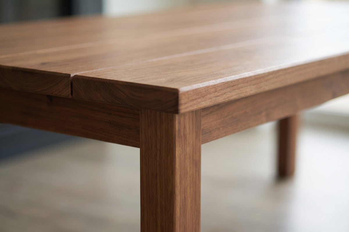 Sète Walnut Plank Dining Table: close-up of where a square leg meets the slim apron under a corner of the top