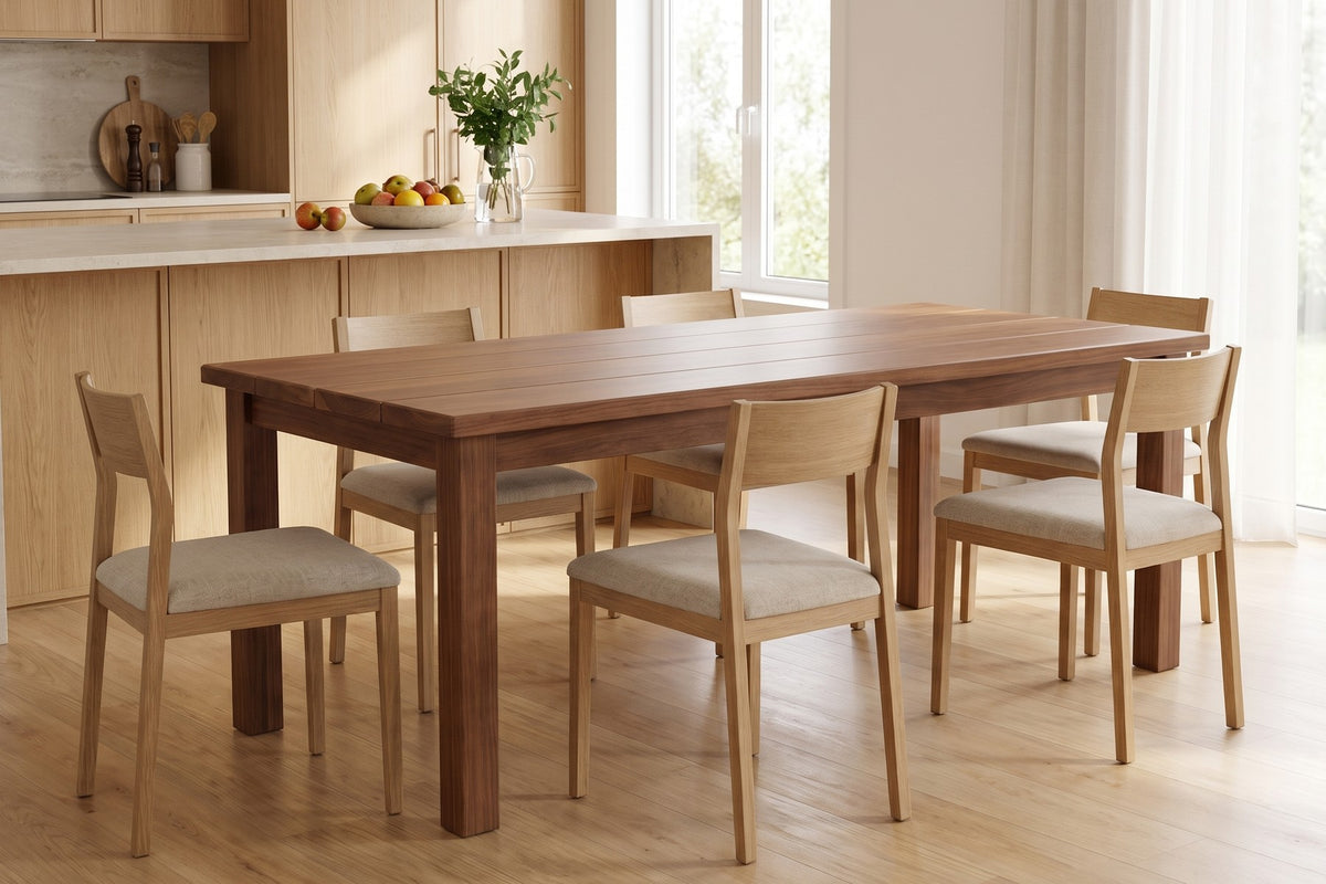 Sète Walnut Plank Dining Table in a room setting