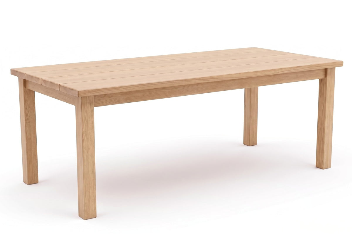 Sète Plank Dining Table in Natural Oak, three-quarter view on white