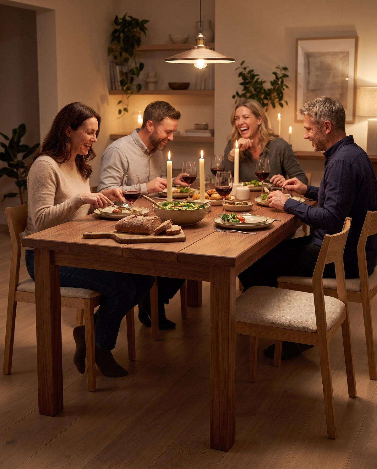 Friends laughing over dinner at the Sète walnut plank table (concept image)