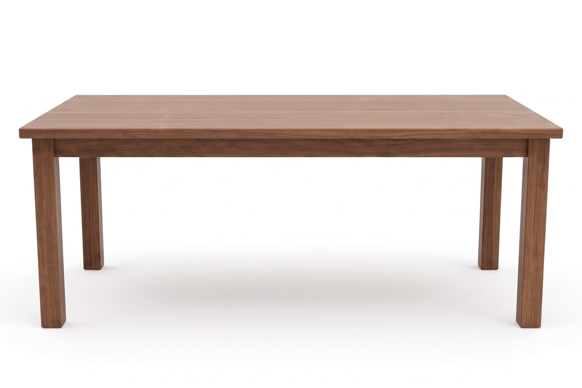 Sète Walnut Plank Dining Table, straight side view at table height, showing the long side and the legs