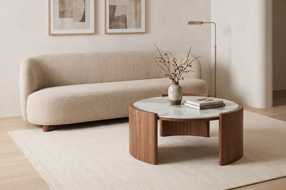 Sèvres Round Sintered Stone Coffee Table – White Marble Look, Curved Walnut-Finish Legs