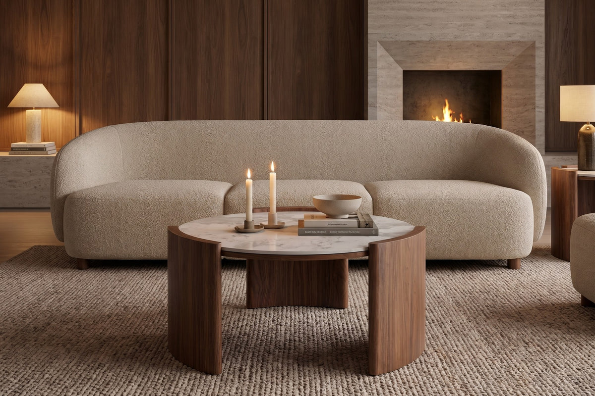 Sèvres Round Sintered Stone Coffee Table – White Marble Look, Curved Walnut-Finish Legs