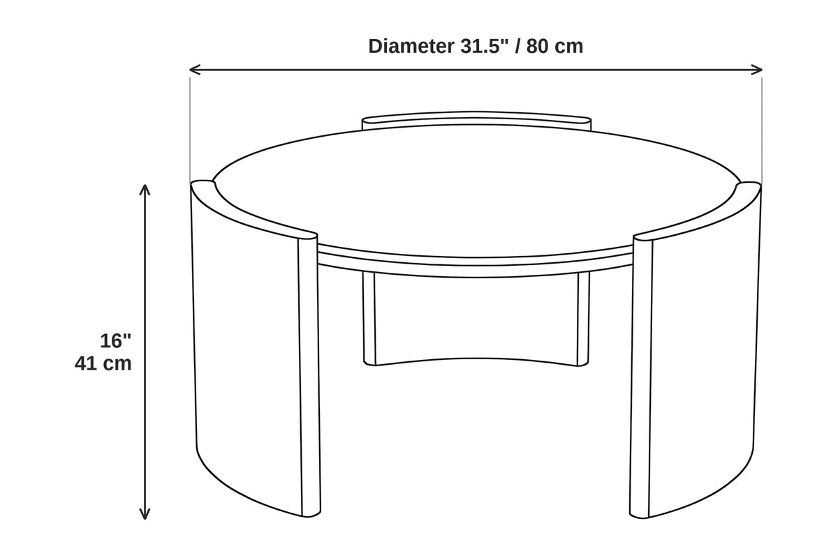 Sèvres 31.5" round white sintered stone coffee table with curved walnut legs dimensions: 31.5 inches wide, 31.5 inches deep and 16 inches high