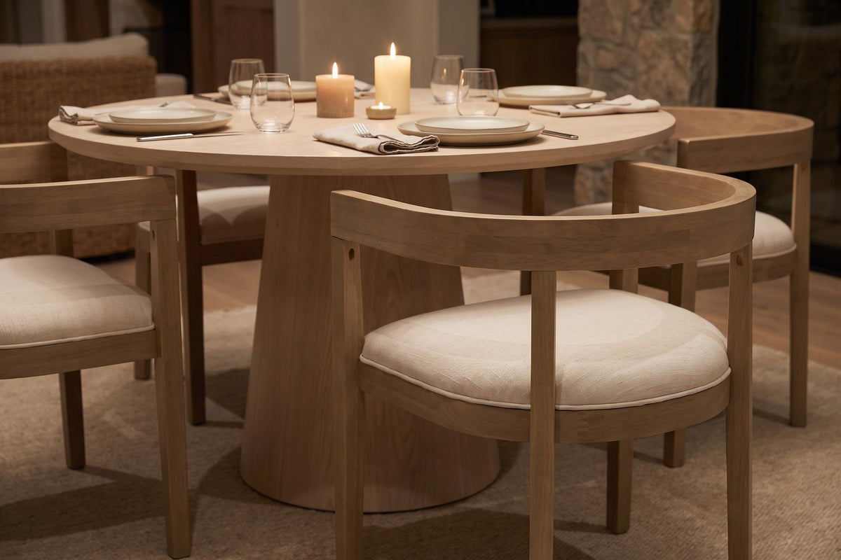 Set for dinner. Up close, the piped seat edge and the wide curve of the rail.