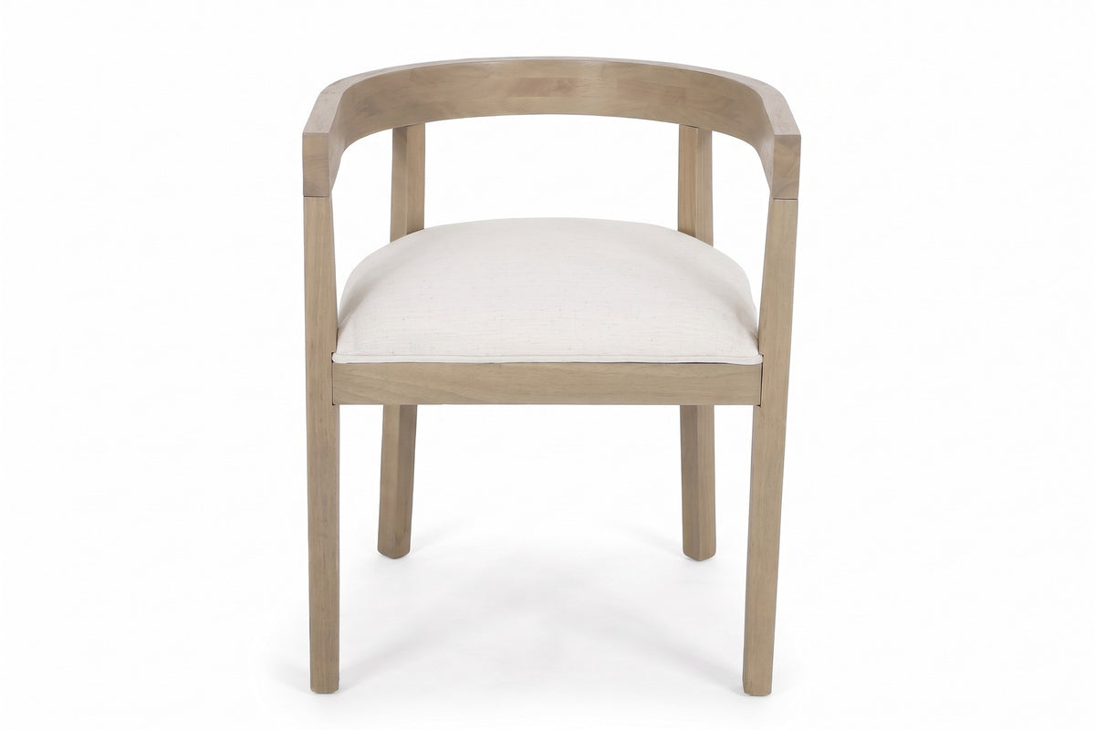 Simone horseshoe-back dining chair in light ash rubberwood with a beige seat, straight front view on a white background