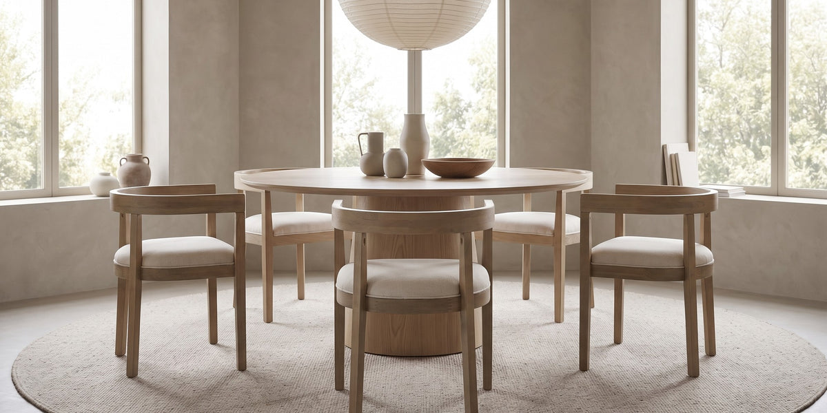 Simone horseshoe-back dining chair in light ash rubberwood with a beige seat in a wide, calm dining room