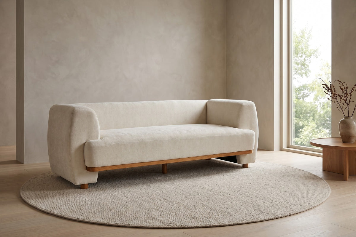 Solange 79" Chenille Sofa – Beige, Rounded Arms, Wood Base Trim