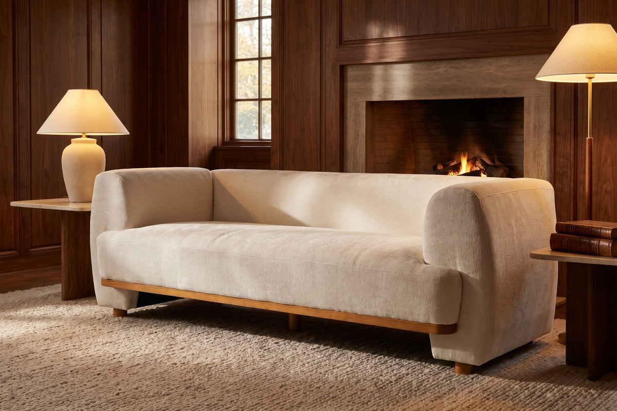 Solange 79" Chenille Sofa – Beige, Rounded Arms, Wood Base Trim