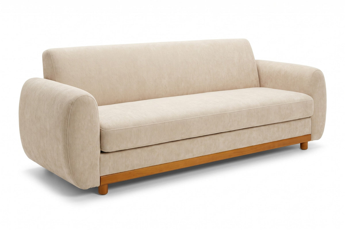 Solange 79" beige chenille sofa with rounded arms and wood base trim, three-quarter view on a white background