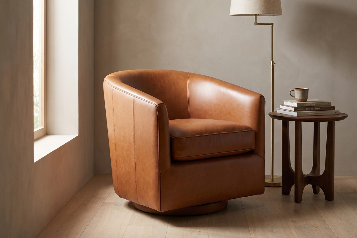 Solène Cognac Leather Swivel Chair in a room