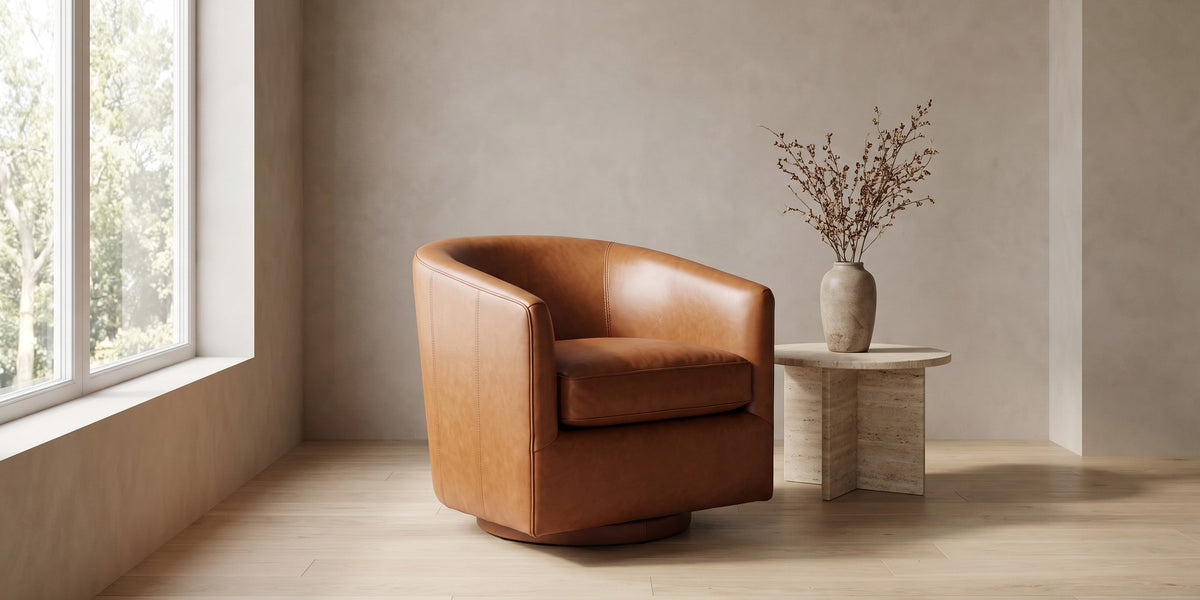 Solène Cognac Leather Swivel Chair banner