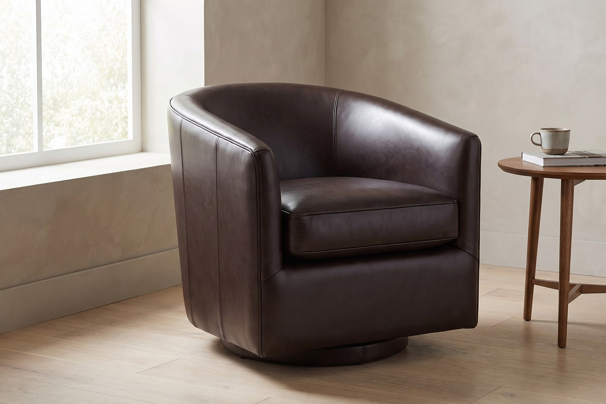 Solène Leather Swivel Chair – Rounded Barrel Back, 360° Swivel