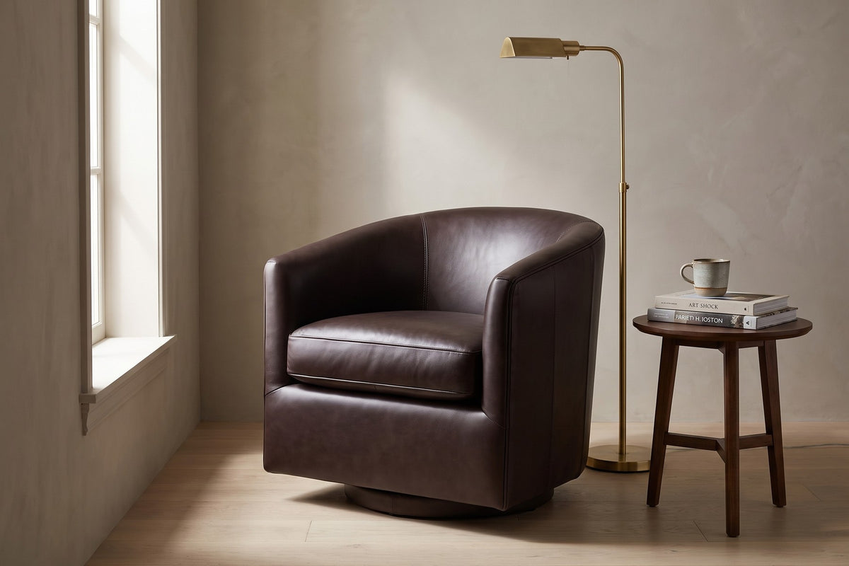 Solène Leather Swivel Chair – Rounded Barrel Back, 360° Swivel
