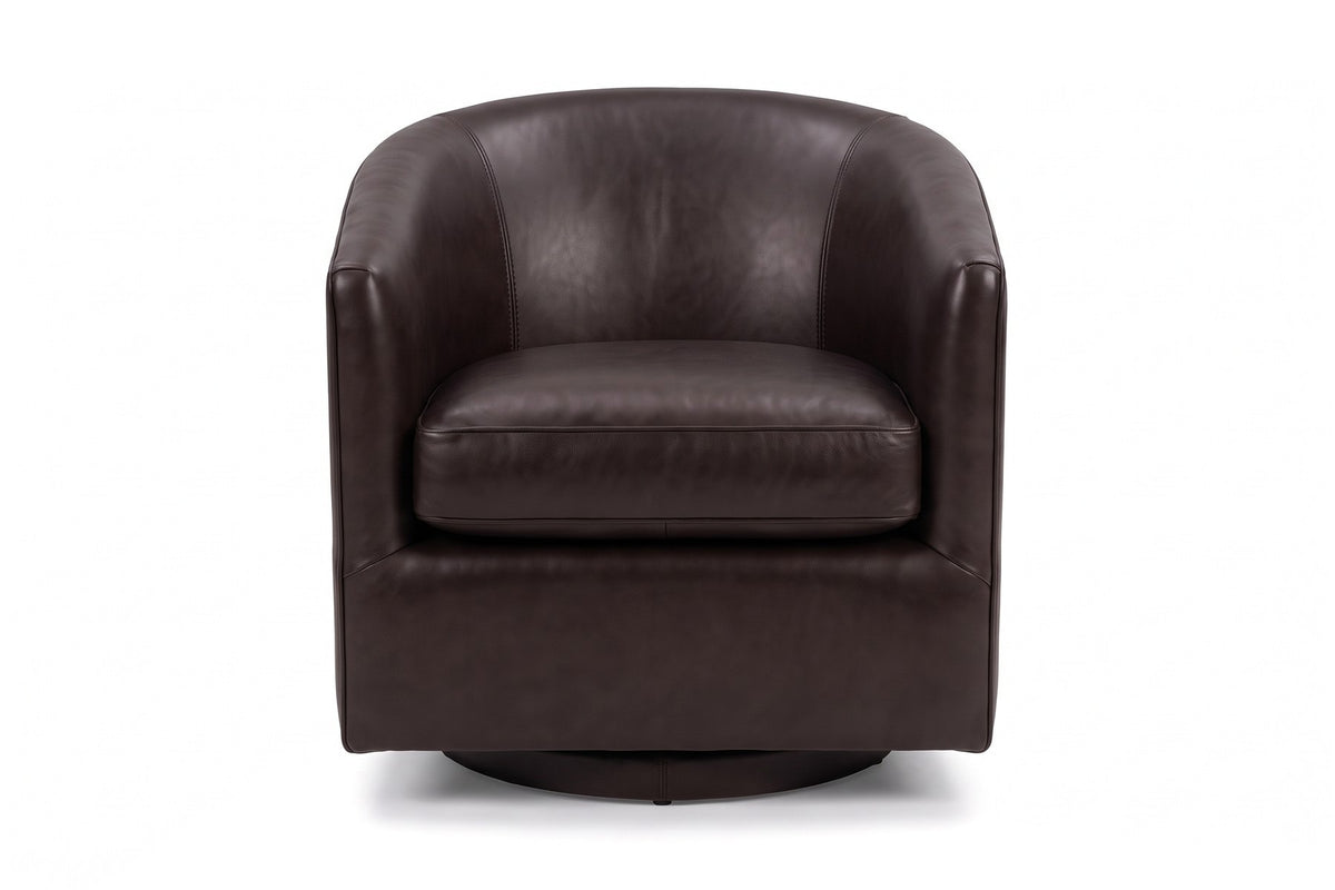 Solène Leather Swivel Chair – Rounded Barrel Back, 360° Swivel