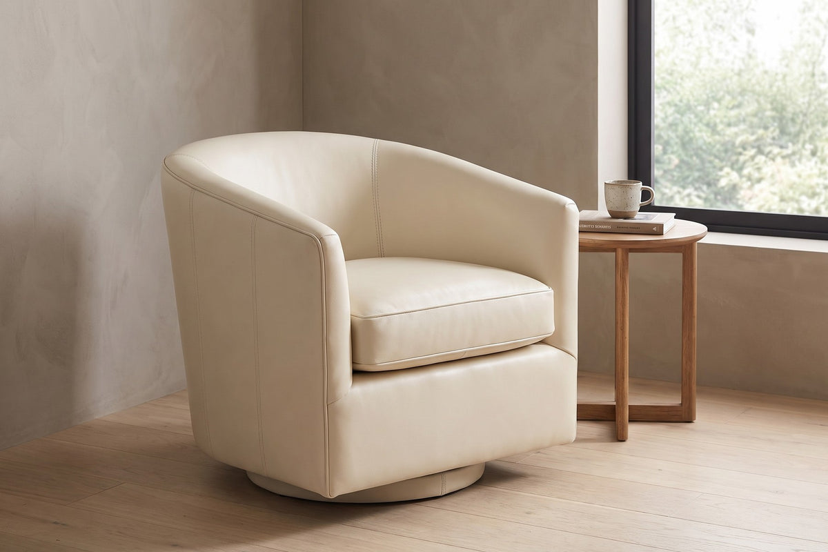 Solène Leather Swivel Chair – Rounded Barrel Back, 360° Swivel