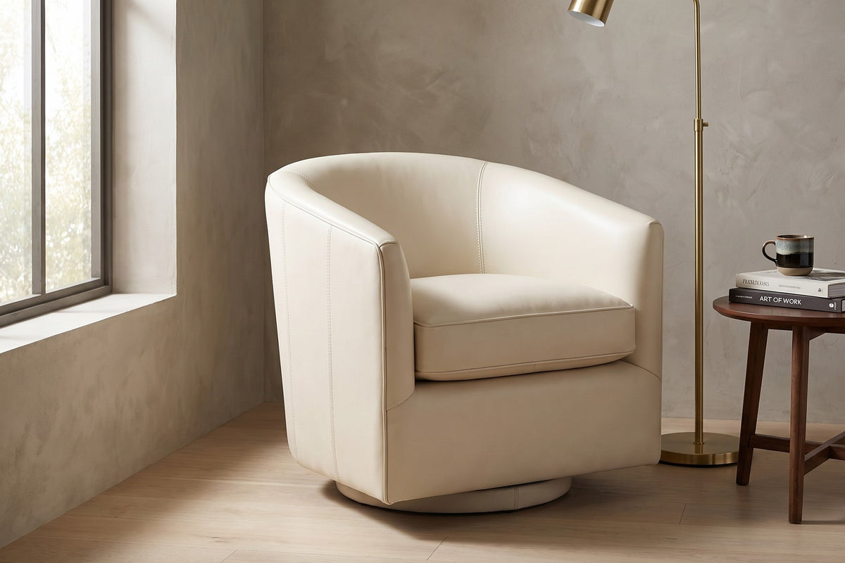 Solène Leather Swivel Chair – Rounded Barrel Back, 360° Swivel