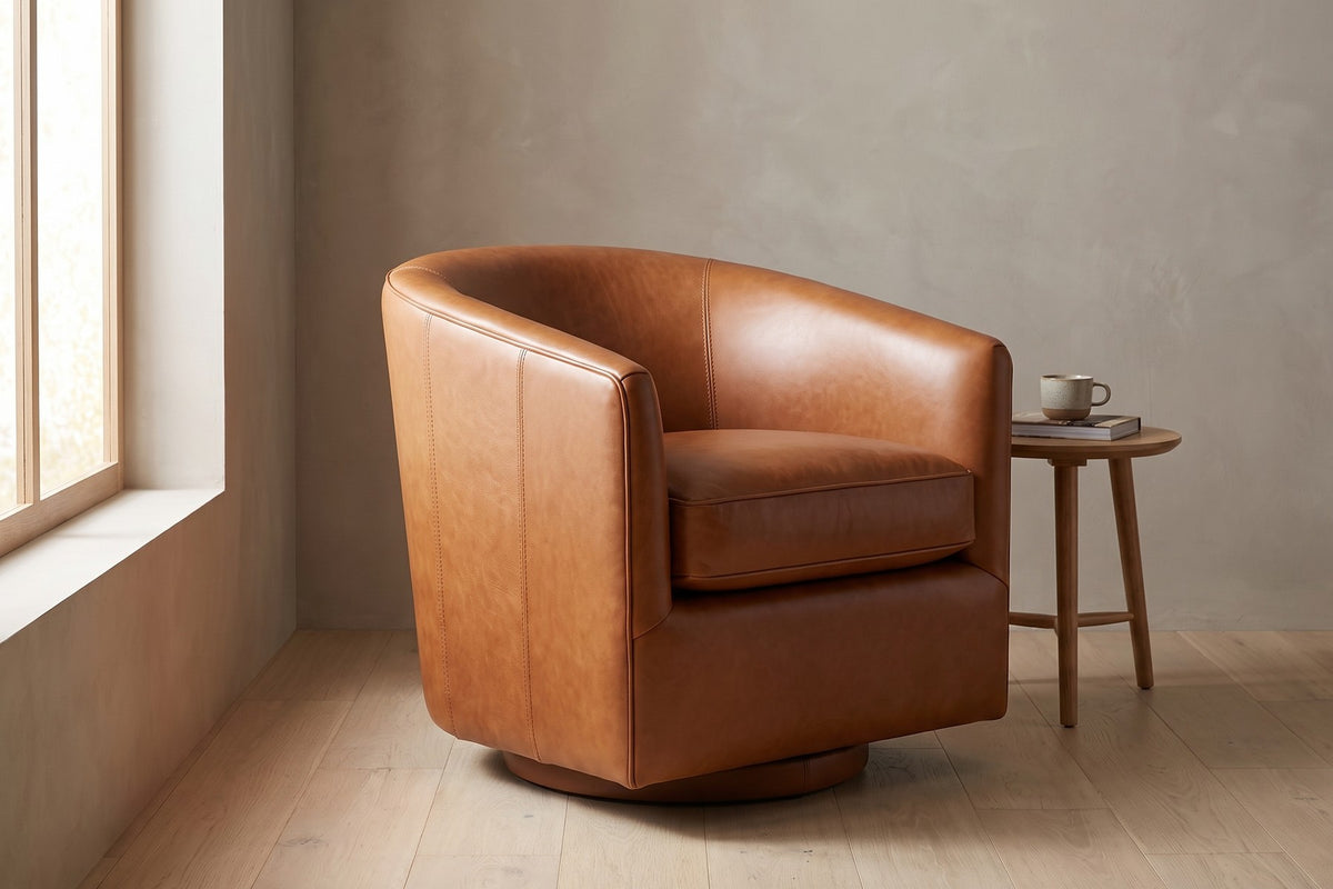 Solène Leather Swivel Chair – Rounded Barrel Back, 360° Swivel