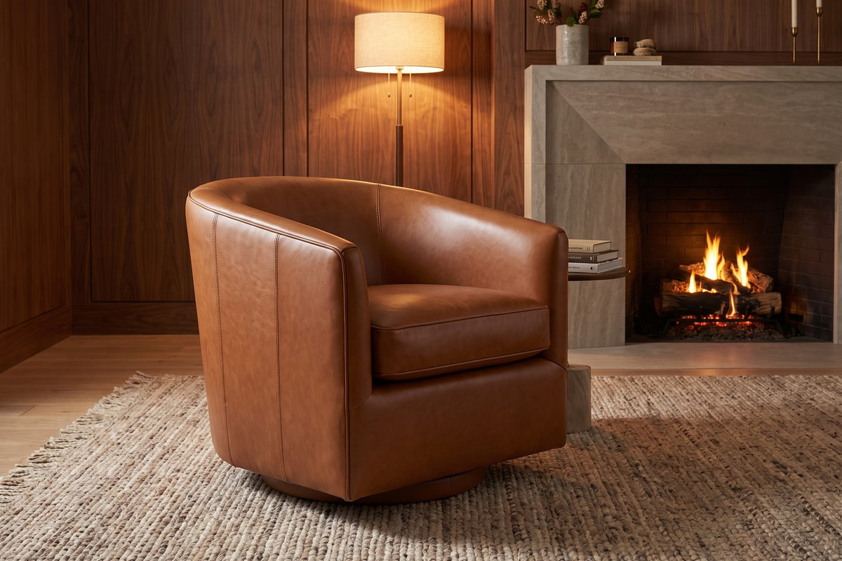 Solène Leather Swivel Chair – Rounded Barrel Back, 360° Swivel