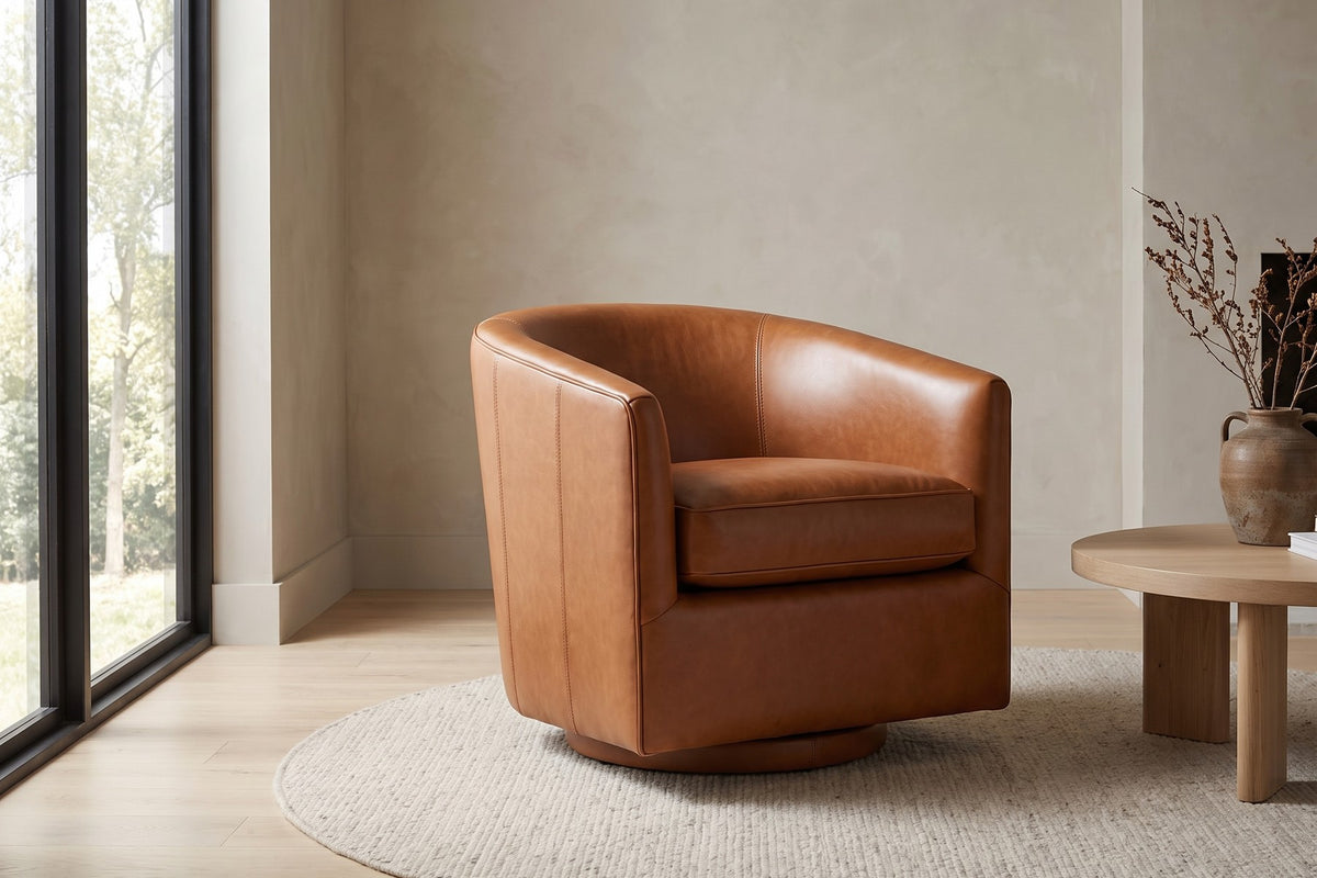 Solène Leather Swivel Chair – Rounded Barrel Back, 360° Swivel