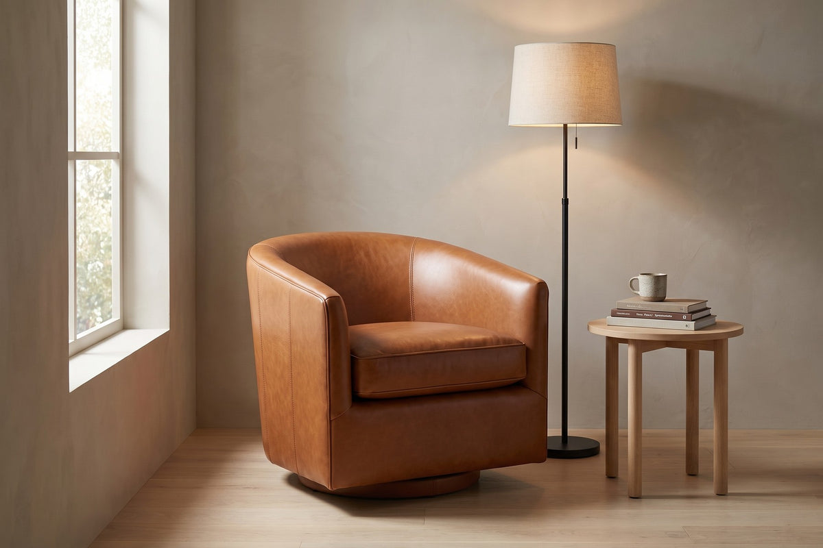 Solène Leather Swivel Chair – Rounded Barrel Back, 360° Swivel