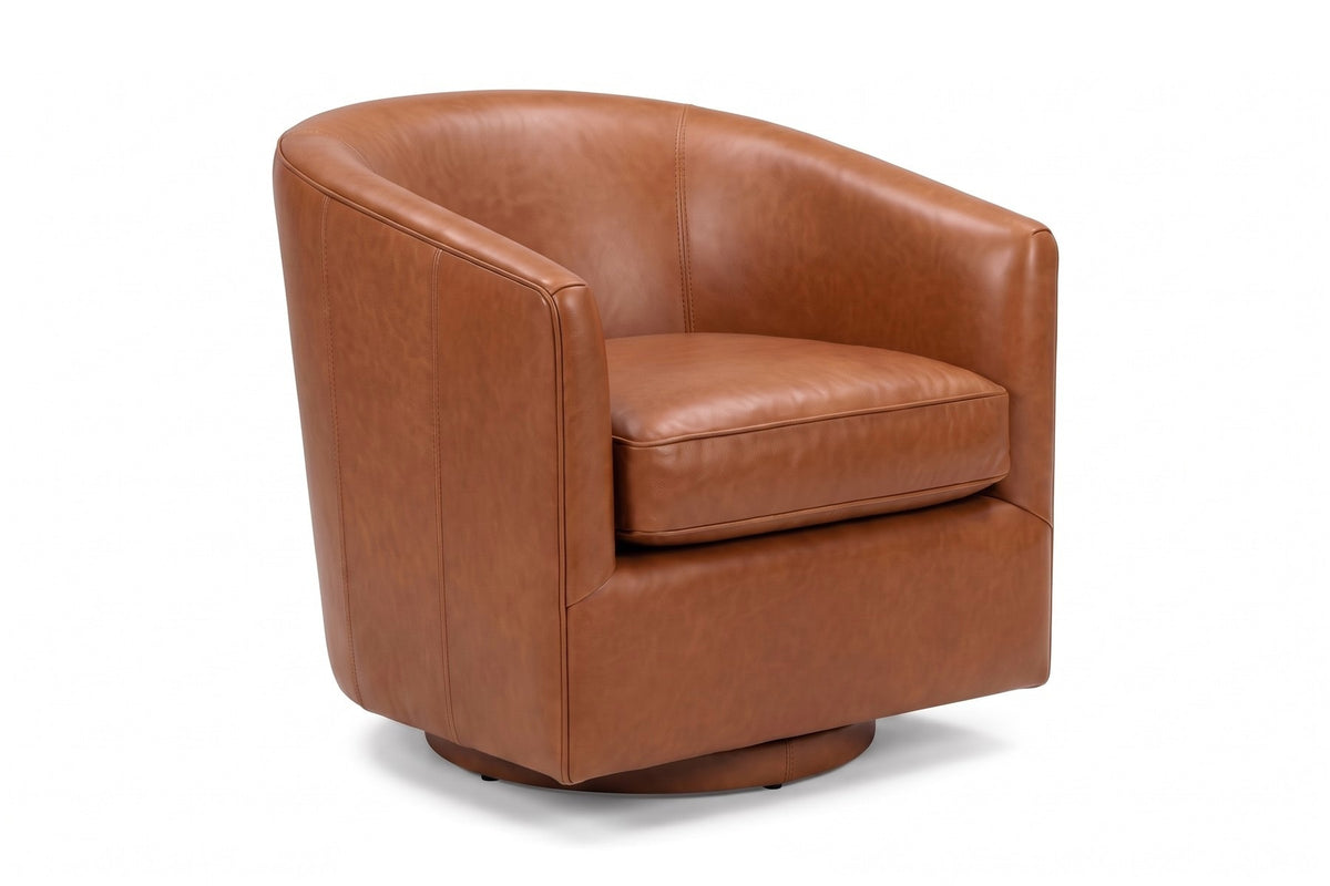 Solène Cognac Leather Swivel Chair, three-quarter view from the front left, slightly above seat height