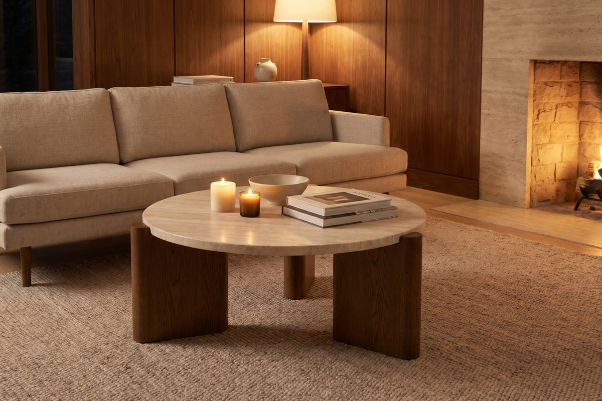 Suzanne 40" Round Travertine Coffee Table – Cream Stone, Dark Oak-Veneer Legs