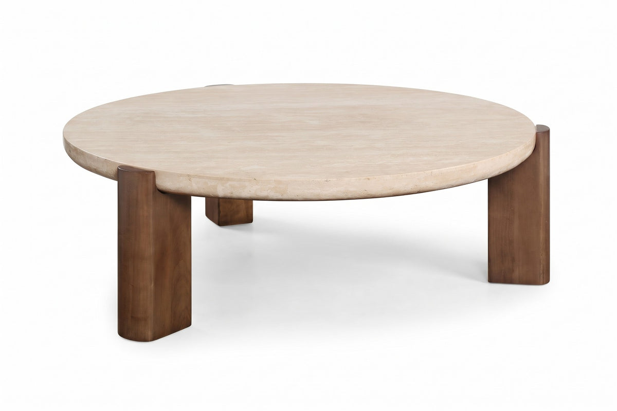 Suzanne 40" Round Travertine Coffee Table – Cream Stone, Dark Oak-Veneer Legs